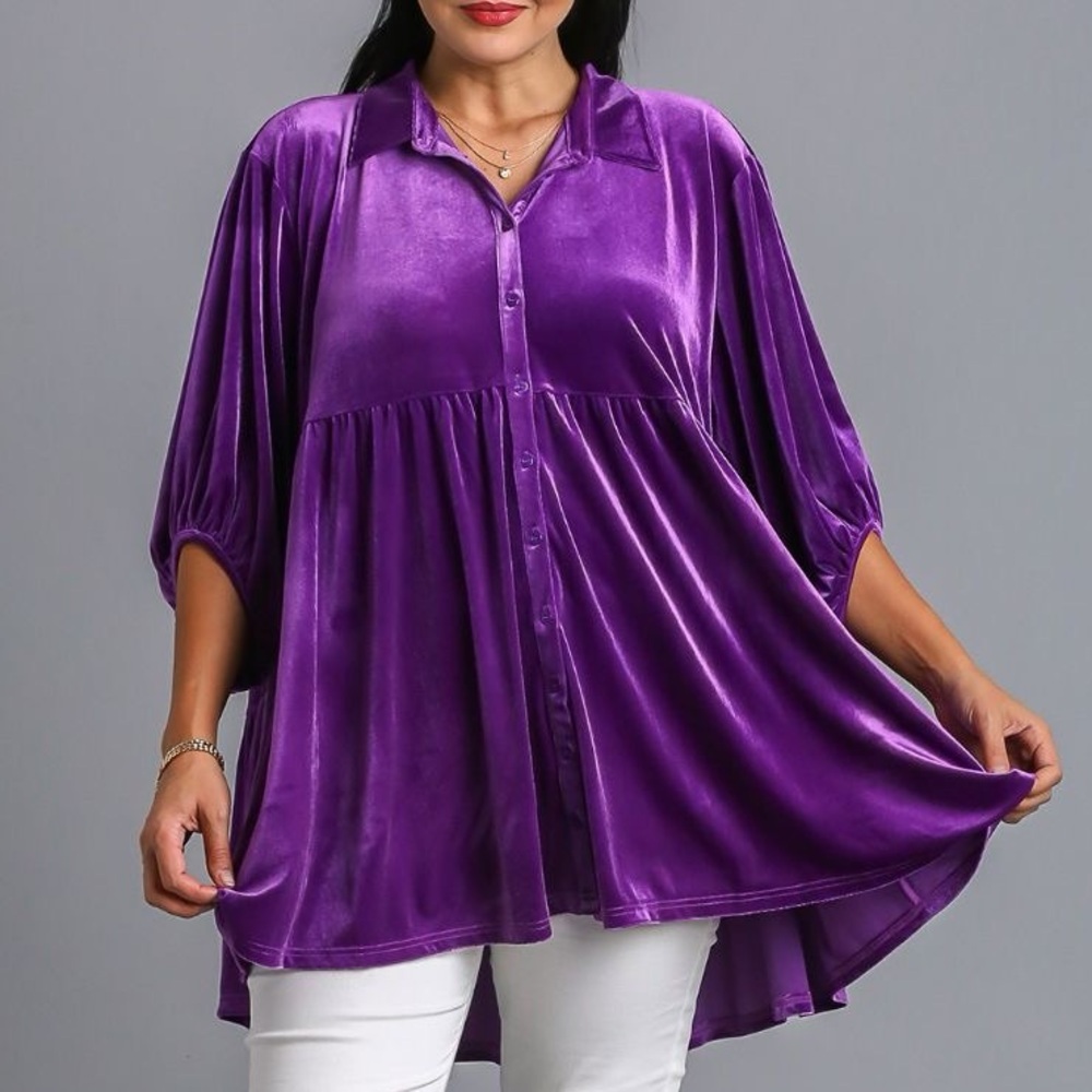 NWT Umgee PLUS + REG Size Royal Purple Button Down Tiered High Low Shirt Top